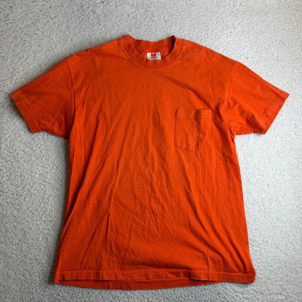 Vintage Hanes Pocket T-Shirt Orange Single Stitch Made in USA Mens Medium